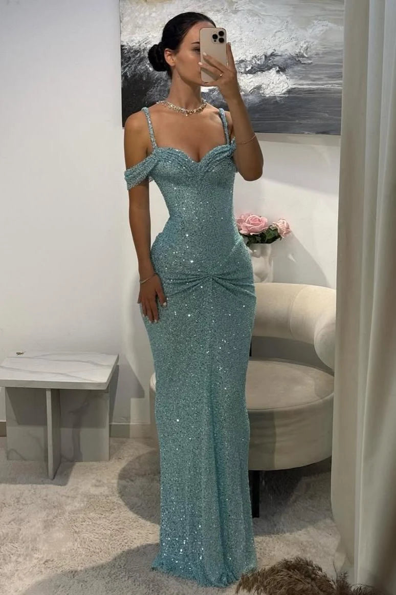 Chic Mermaid Sweetheart Sleeveless Ruched-Draped Aqua Maxi Prom Dresses Women Gown