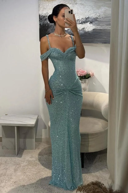 Chic Mermaid Sweetheart Sleeveless Ruched-Draped Aqua Maxi Prom Dresses Women Gown