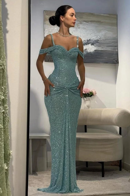 Chic Mermaid Sweetheart Sleeveless Ruched-Draped Aqua Maxi Prom Dresses Women Gown