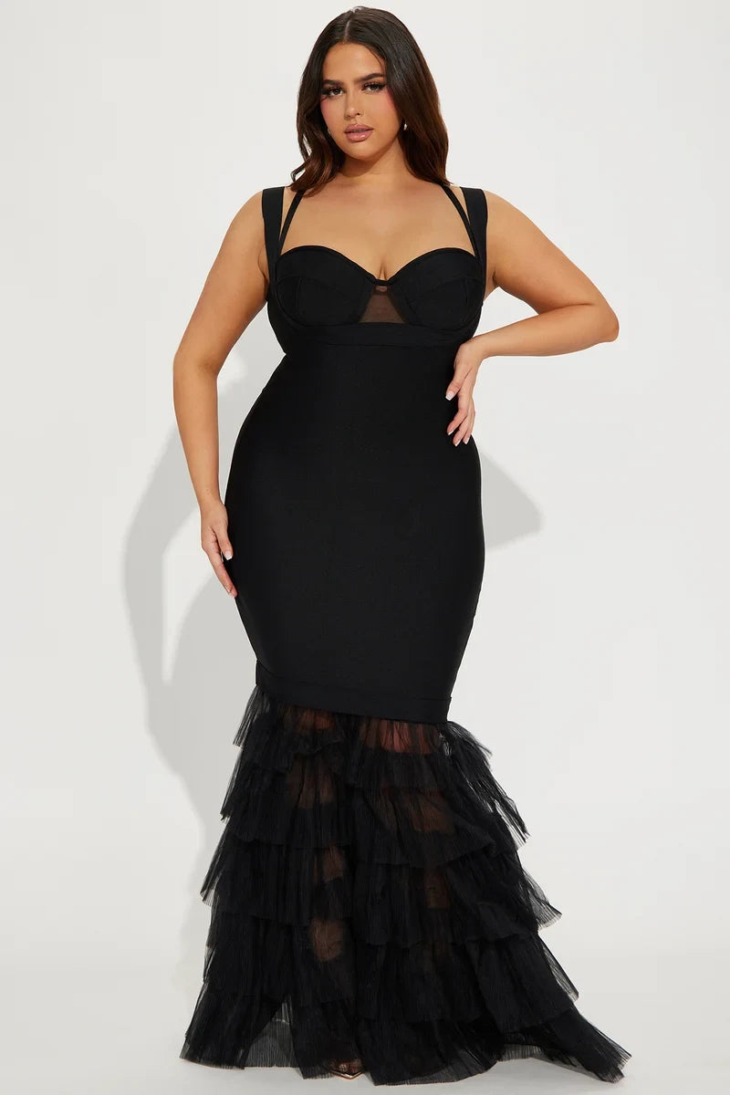 Chic Mermaid Sweetheart Sleeveless Tiered Flounce Black Maxi Evening Dresses Women