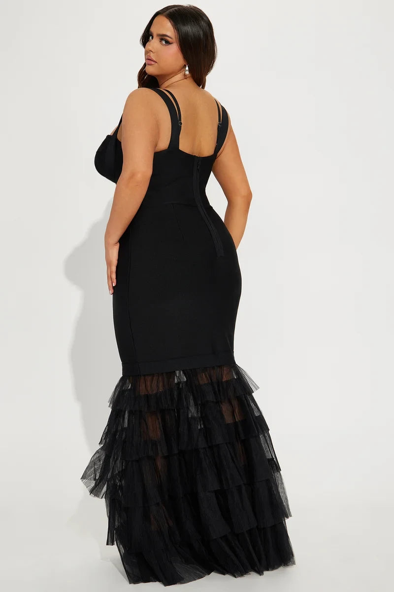 Chic Mermaid Sweetheart Sleeveless Tiered Flounce Black Maxi Evening Dresses Women