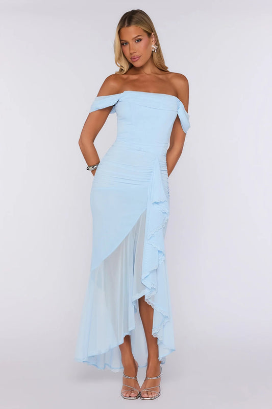 Chic Off-Shoulder Ruched Ruffled Light Blue High-Low Prom Dress for Women