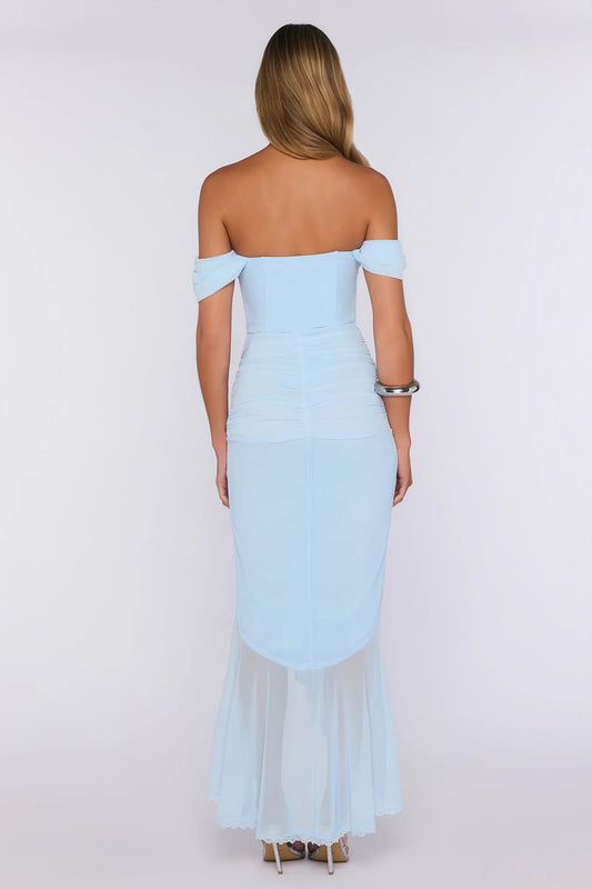 Chic Off-Shoulder Ruched Ruffled Light Blue High-Low Prom Dress for Women