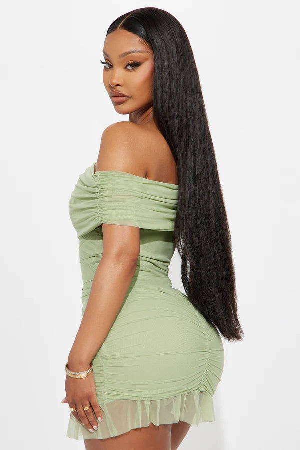 Chic Ruched Off-Shoulder Sleeveless Draped Sage Green Mini Homecoming Dress Women