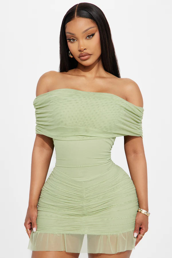 Chic Ruched Off-Shoulder Sleeveless Draped Sage Green Mini Homecoming Dress Women