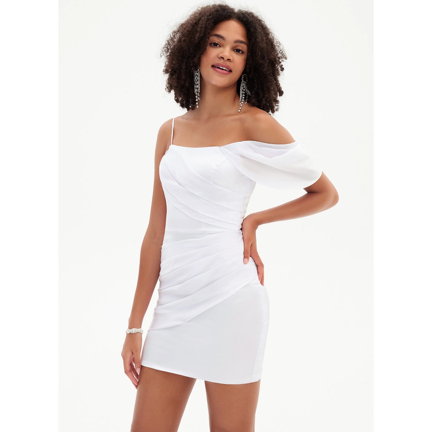 Chic Ruched One-Shoulder Draped White Short Homecoming Dress For Women