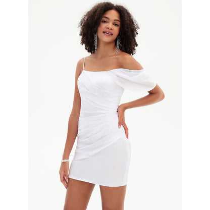Chic Ruched One-Shoulder Draped White Short Homecoming Dress For Women