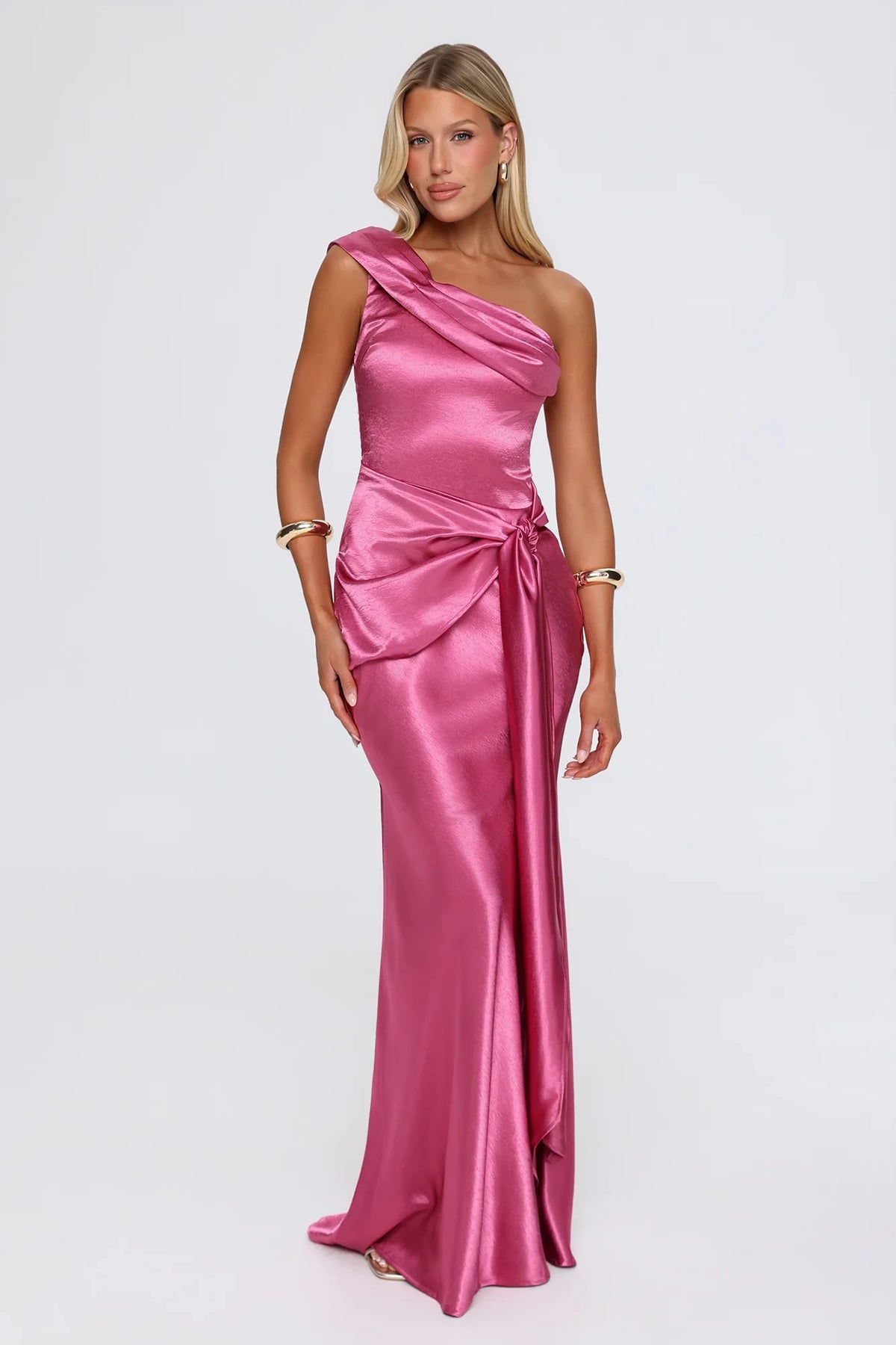 Chic Sheath Asymmetric Sleeveless Draped Ruched Pink Maxi Evening Dresses Women