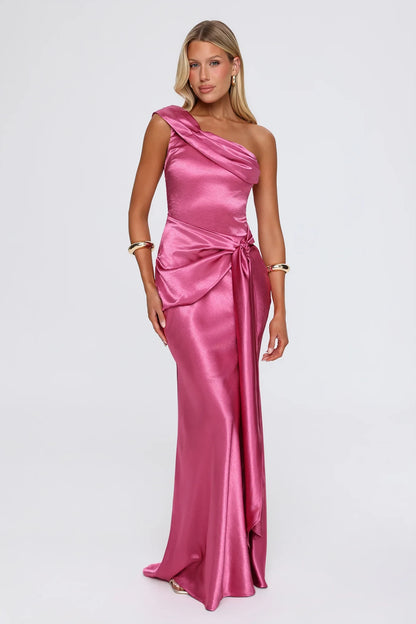 Chic Sheath Asymmetric Sleeveless Draped Ruched Pink Maxi Evening Dresses Women