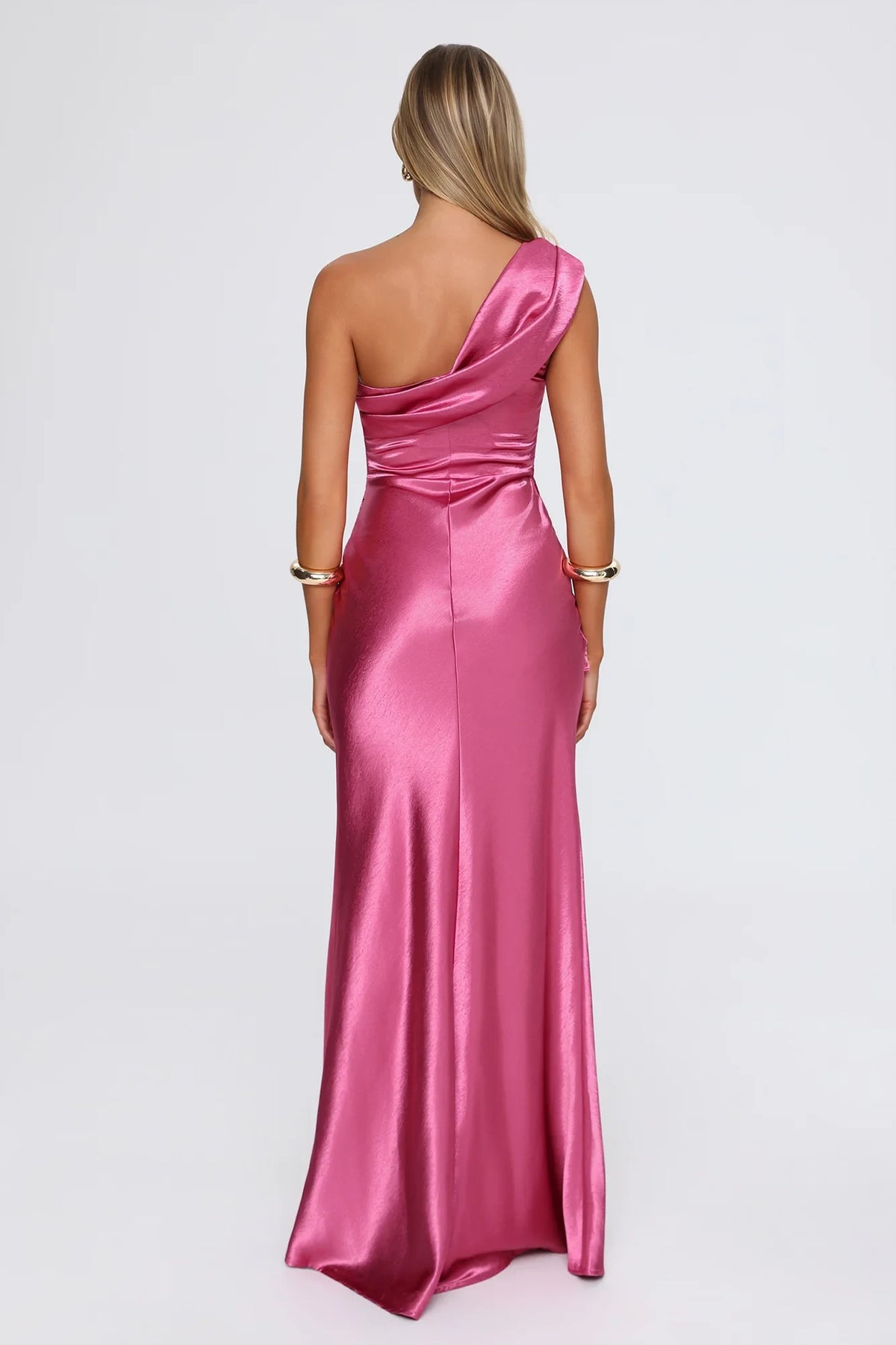 Chic Sheath Asymmetric Sleeveless Draped Ruched Pink Maxi Evening Dresses Women