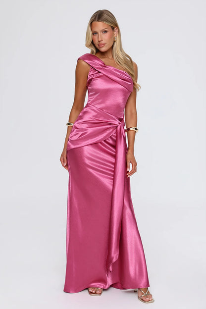 Chic Sheath Asymmetric Sleeveless Draped Ruched Pink Maxi Evening Dresses Women