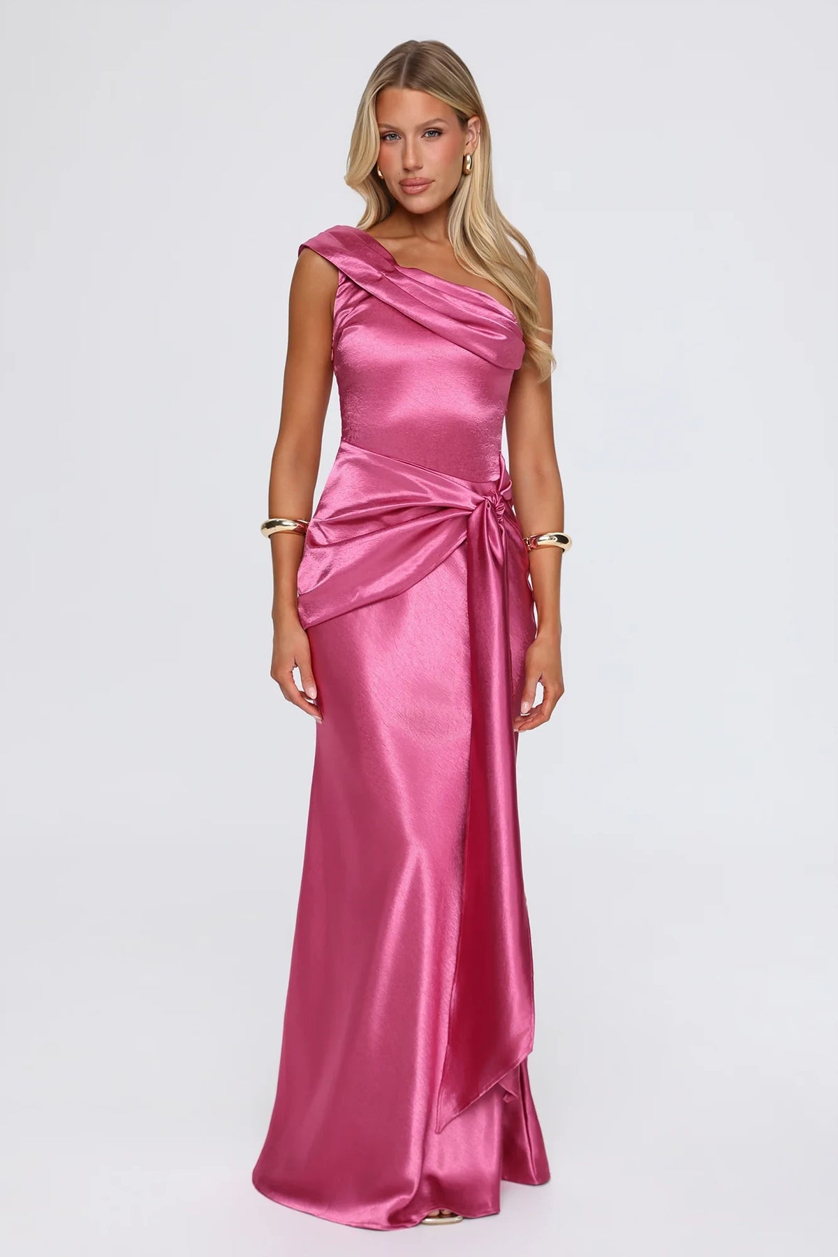 Chic Sheath Asymmetric Sleeveless Draped Ruched Pink Maxi Evening Dresses Women