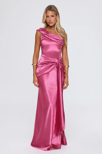 Chic Sheath Asymmetric Sleeveless Draped Ruched Pink Maxi Evening Dresses Women