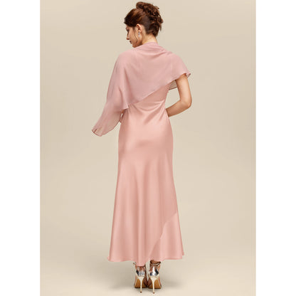 Chic Sheath Asymmetrical Neck One-Shoulder Draped Blush Floor-Length Bridesmaid Gown
