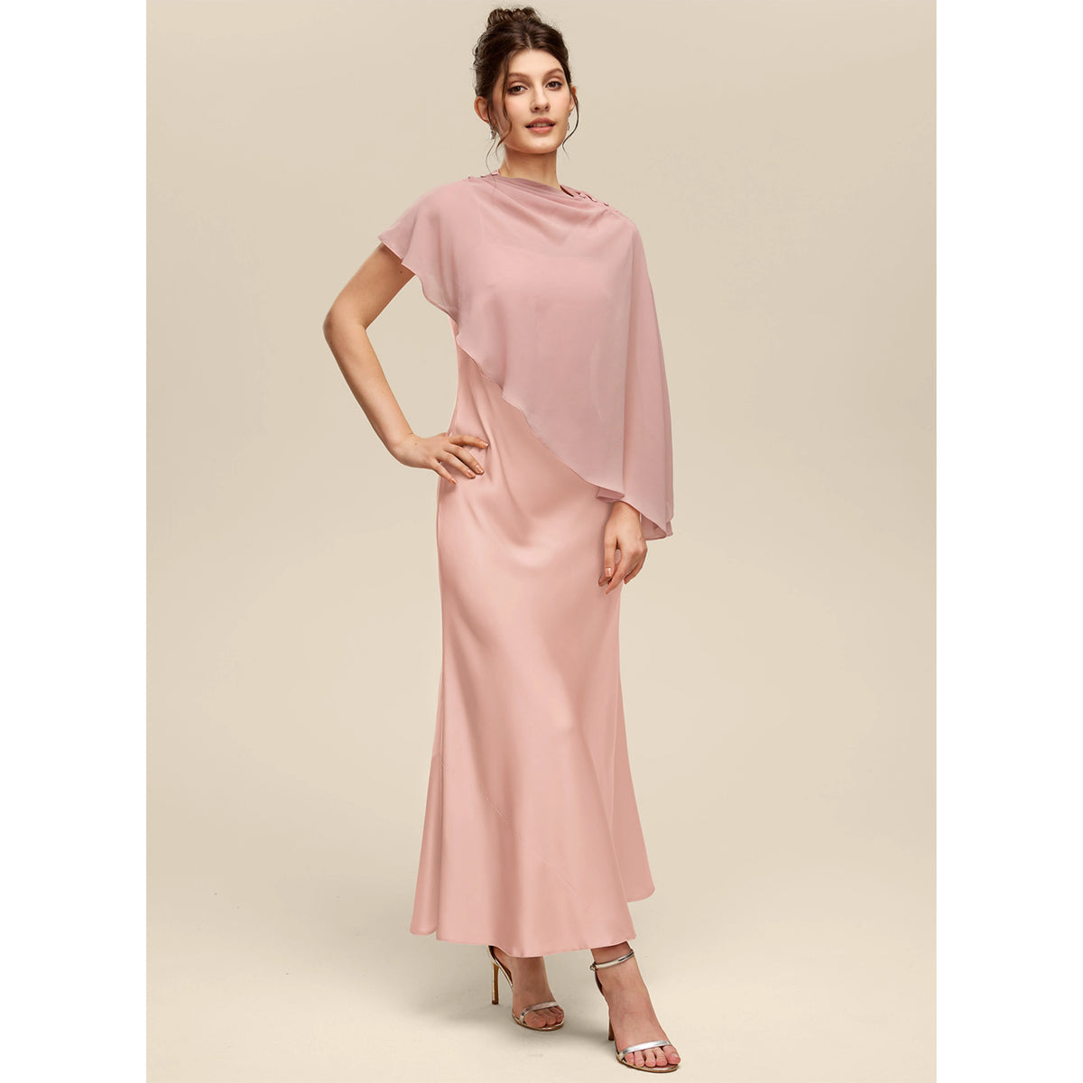 Chic Sheath Asymmetrical Neck One-Shoulder Draped Blush Floor-Length Bridesmaid Gown
