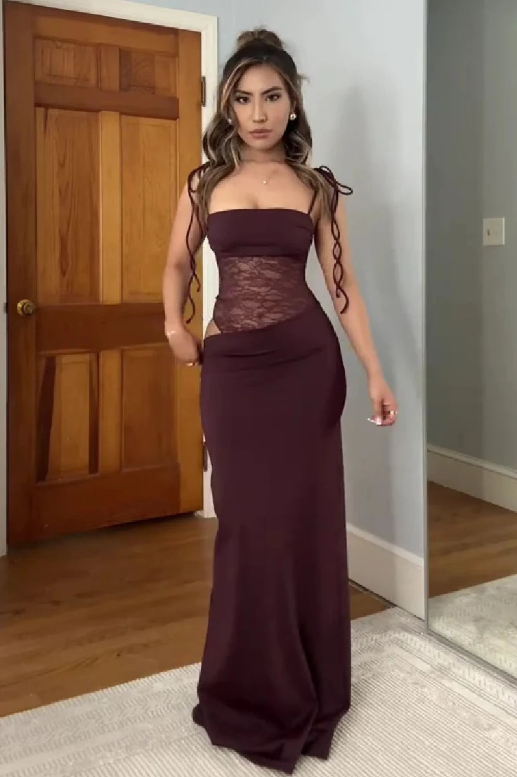 Chic Sheath Bandeau Sleeveless Sheer-Lace Burgundy Maxi Prom Dresses Women Gown