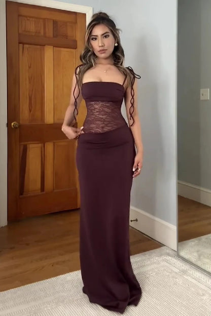 Chic Sheath Bandeau Sleeveless Sheer-Lace Burgundy Maxi Prom Dresses Women Gown