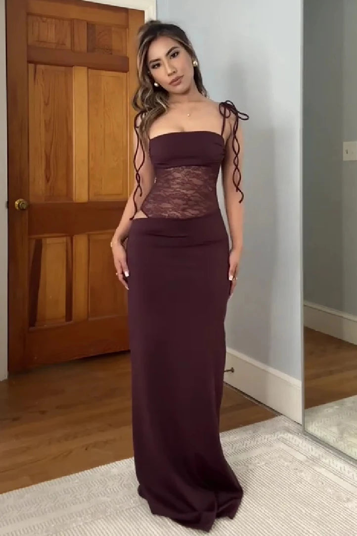 Chic Sheath Bandeau Sleeveless Sheer-Lace Burgundy Maxi Prom Dresses Women Gown