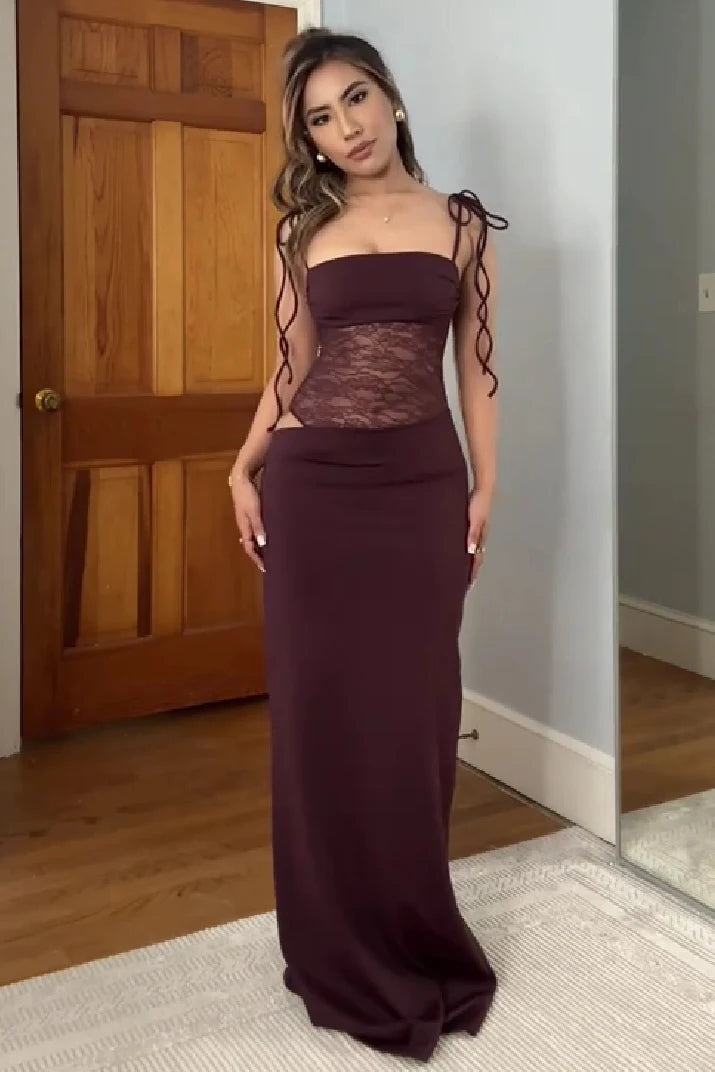 Chic Sheath Bandeau Sleeveless Sheer-Lace Burgundy Maxi Prom Dresses Women Gown