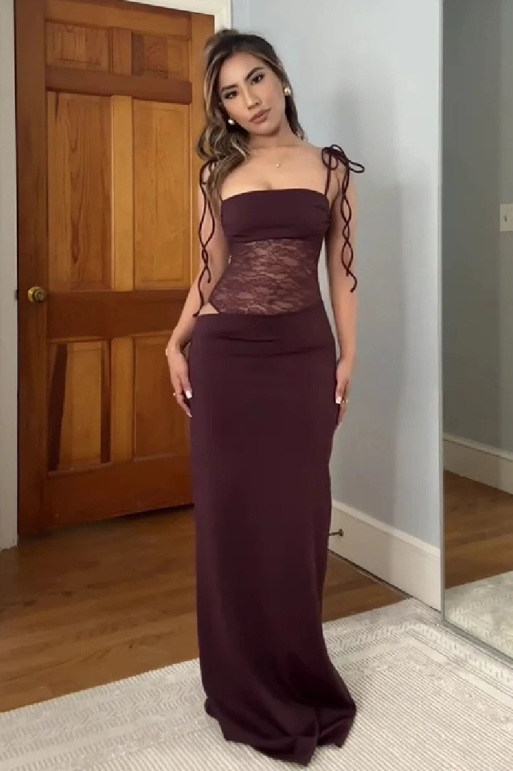Chic Sheath Bandeau Sleeveless Sheer-Lace Burgundy Maxi Prom Dresses Women Gown