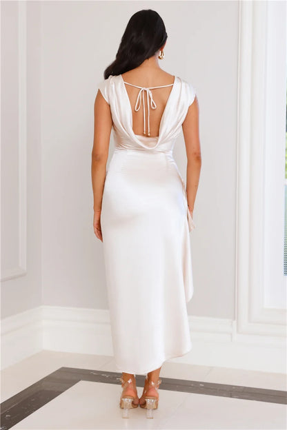 Chic Sheath Boat Neck Sleeveless Ruched High-Slit Pearl White Midi Prom Dress