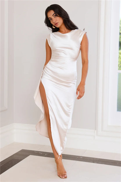Chic Sheath Boat Neck Sleeveless Ruched High-Slit Pearl White Midi Prom Dress