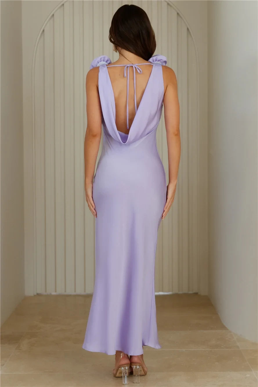 Chic Sheath Cowl Sleeveless Rosette Backless Lavender Maxi Evening Dresses Gown