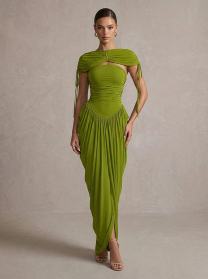 Chic Sheath Cowl Sleeveless Ruched Draped Green Maxi Prom Dresses Gown