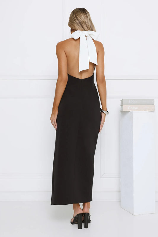 Chic Sheath Halter Neck Sleeveless Backless Slit Black Maxi Prom Dress