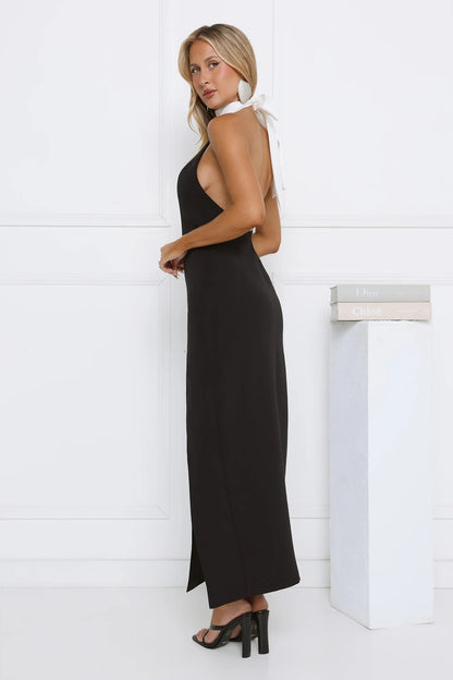 Chic Sheath Halter Neck Sleeveless Backless Slit Black Maxi Prom Dress