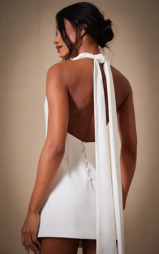 Chic Sheath Halter Sleeveless Backless Draped White Mini Evening Dresses Women