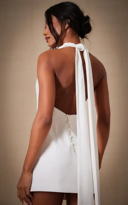 Chic Sheath Halter Sleeveless Backless Draped White Mini Evening Dresses Women