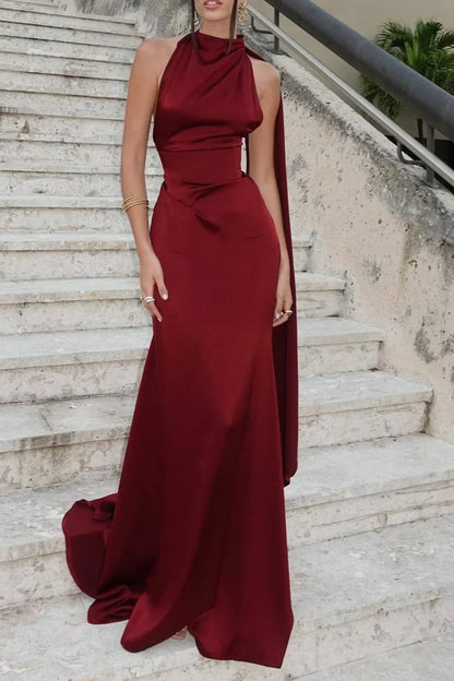 Chic Sheath Halter Sleeveless Draped Backless Burgundy Floor-Length Prom Dress