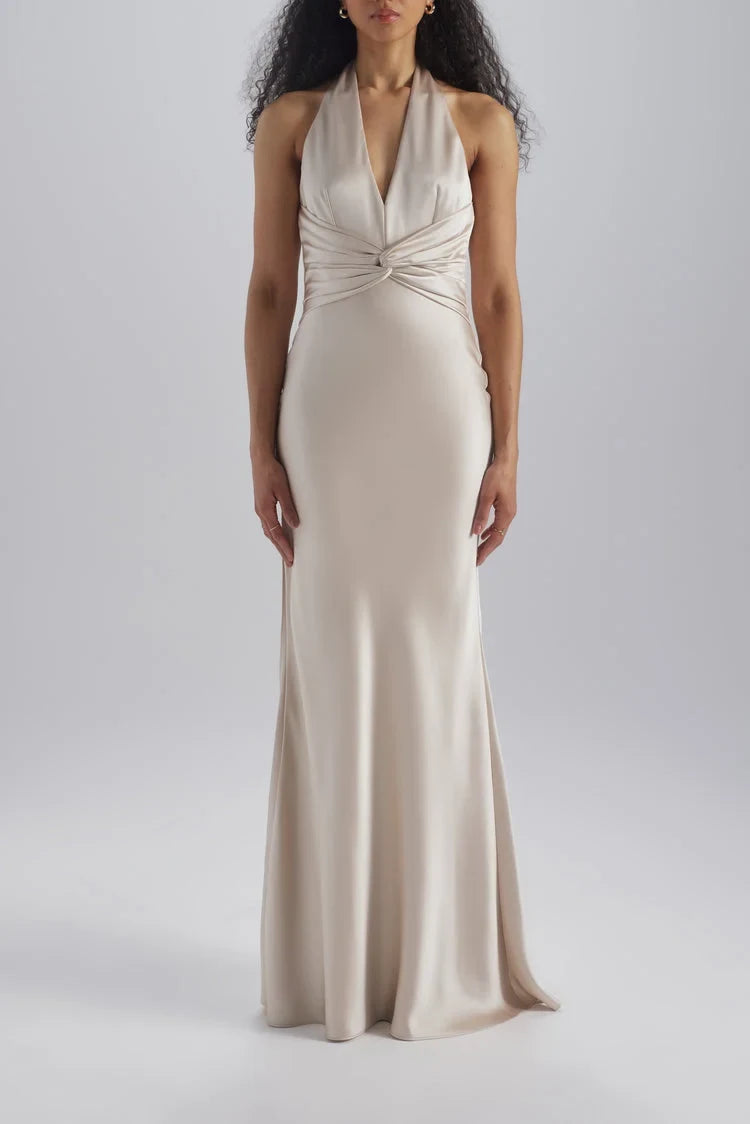 Chic Sheath Halter V-Neck Sleeveless Twisted Slit Champagne Floor-Length Bridesmaid Dress