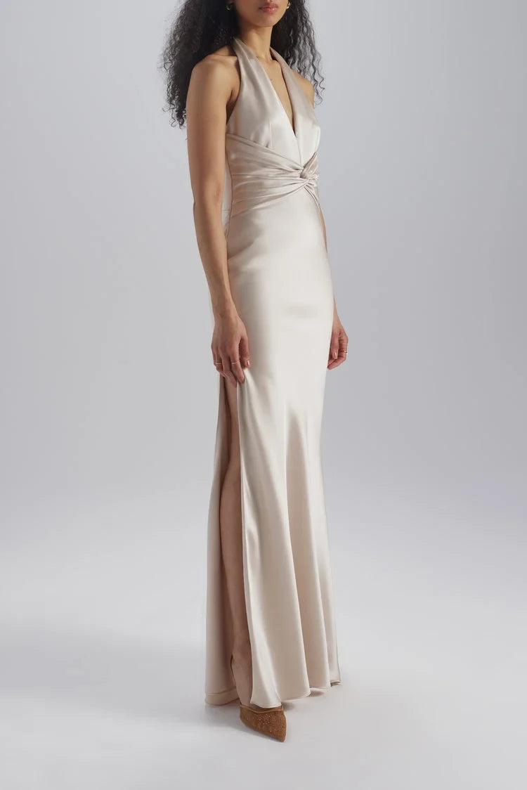 Chic Sheath Halter V-Neck Sleeveless Twisted Slit Champagne Floor-Length Bridesmaid Dress