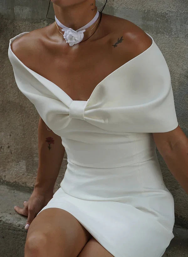Chic Sheath Off-Shoulder Sleeveless Bow Mini White Short Wedding Dress Women's