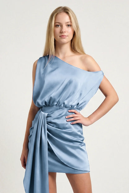 Chic Sheath One-Shoulder Draped Ruched Dusty Blue Mini Homecoming Dress