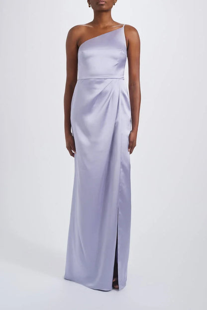 Chic Sheath One-Shoulder Draped Slit Lavender Floor-Length Bridesmaid Gown