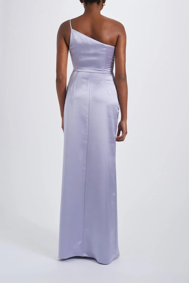Chic Sheath One-Shoulder Draped Slit Lavender Floor-Length Bridesmaid Gown