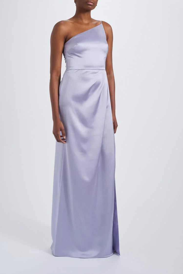 Chic Sheath One-Shoulder Draped Slit Lavender Floor-Length Bridesmaid Gown