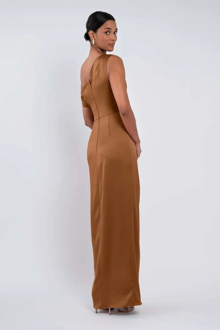Chic Sheath One-Shoulder Ruched-Slit Bronze Maxi Mother of the Bride Dress