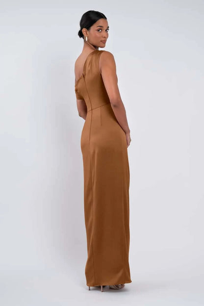 Chic Sheath One-Shoulder Ruched-Slit Bronze Maxi Mother of the Bride Dress