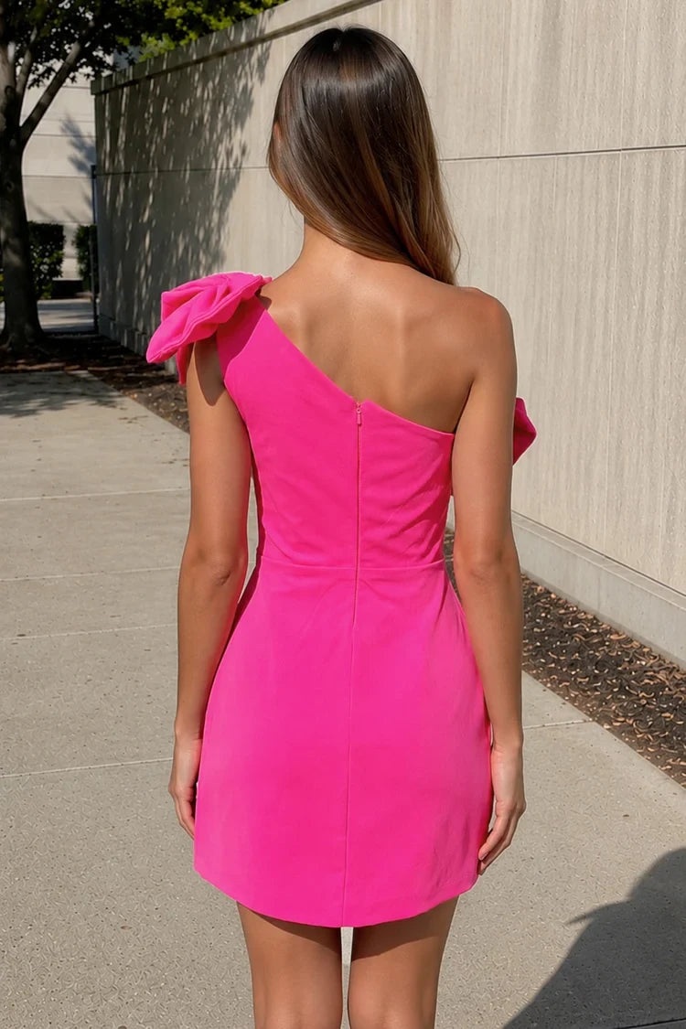 Chic Sheath One-Shoulder Sleeveless Bow Hot Pink Mini Homecoming Dress Women's