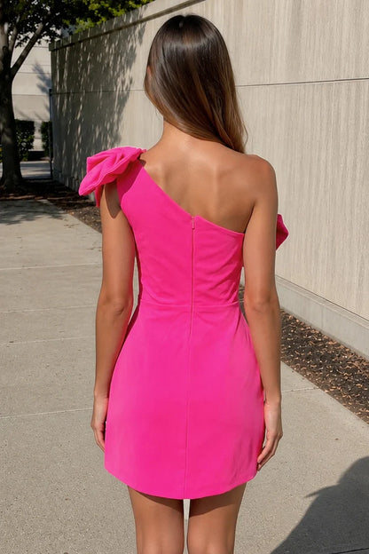 Chic Sheath One-Shoulder Sleeveless Bow Hot Pink Mini Homecoming Dress Women's