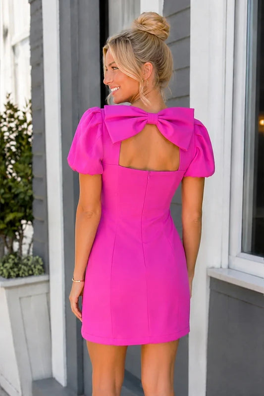 Chic Sheath Round Neck Puffed Sleeve Bow Back Hot Pink Homecoming Dress