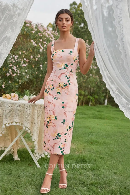 Chic Sheath Square Neck Sleeveless Floral Print Pink Midi Prom Dress Women's Gown