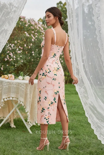 Chic Sheath Square Neck Sleeveless Floral Print Pink Midi Prom Dress Women's Gown