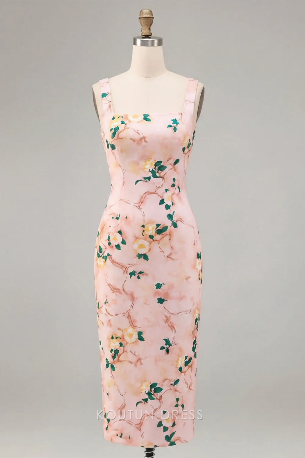 Chic Sheath Square Neck Sleeveless Floral Print Pink Midi Prom Dress Women's Gown