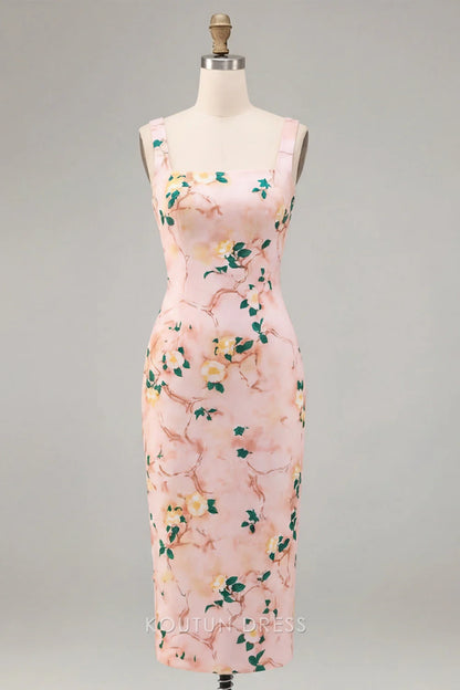 Chic Sheath Square Neck Sleeveless Floral Print Pink Midi Prom Dress Women's Gown