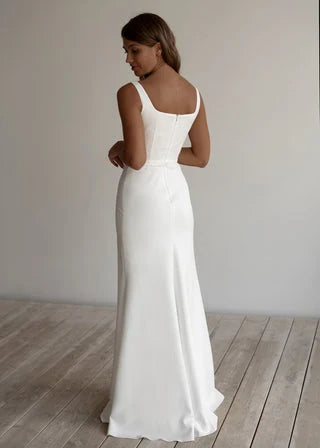 Chic Sheath Square Neck Sleeveless Minimalist Sophisticated White Floor-Length Wedding Gown for Brides